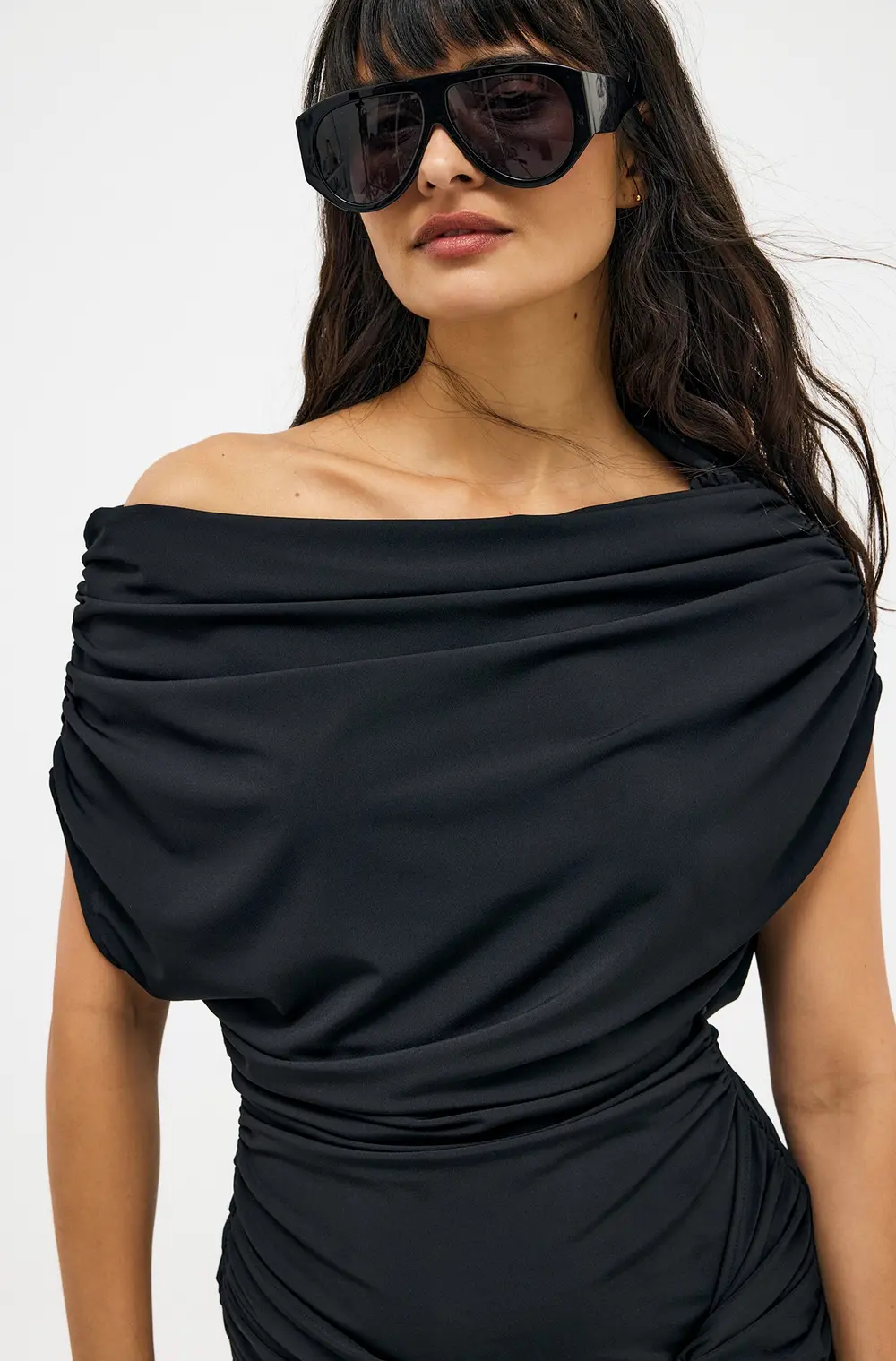 Buckle Detail Draped Mini Dress Black