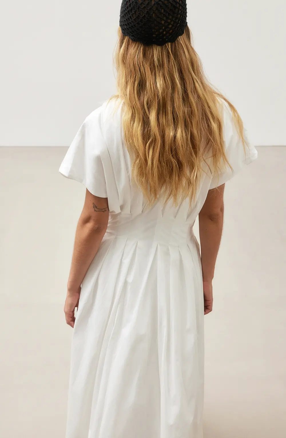 Cotton Pleated Short Sleeve Midi Dress White
