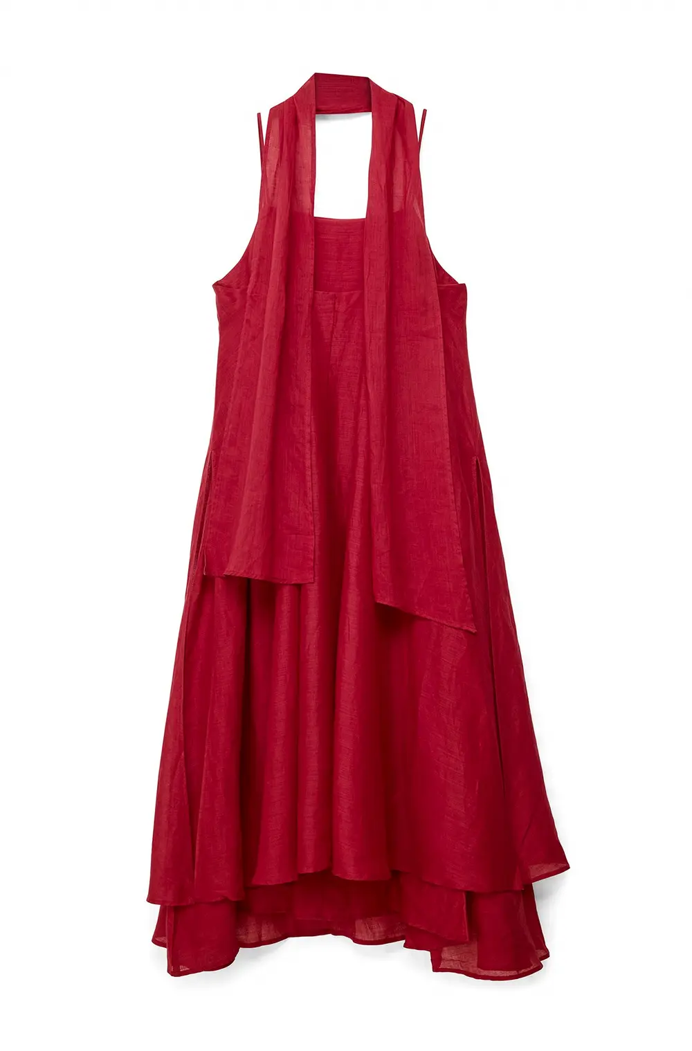 Ramie Scarf Detail Midi Dress Red