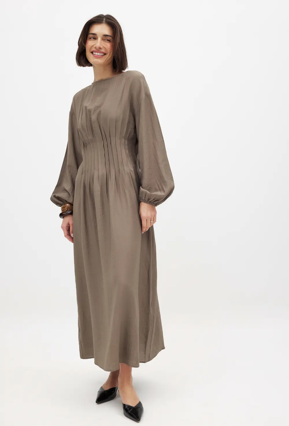 Long Sleeve Pleated Midi Dress Brown
