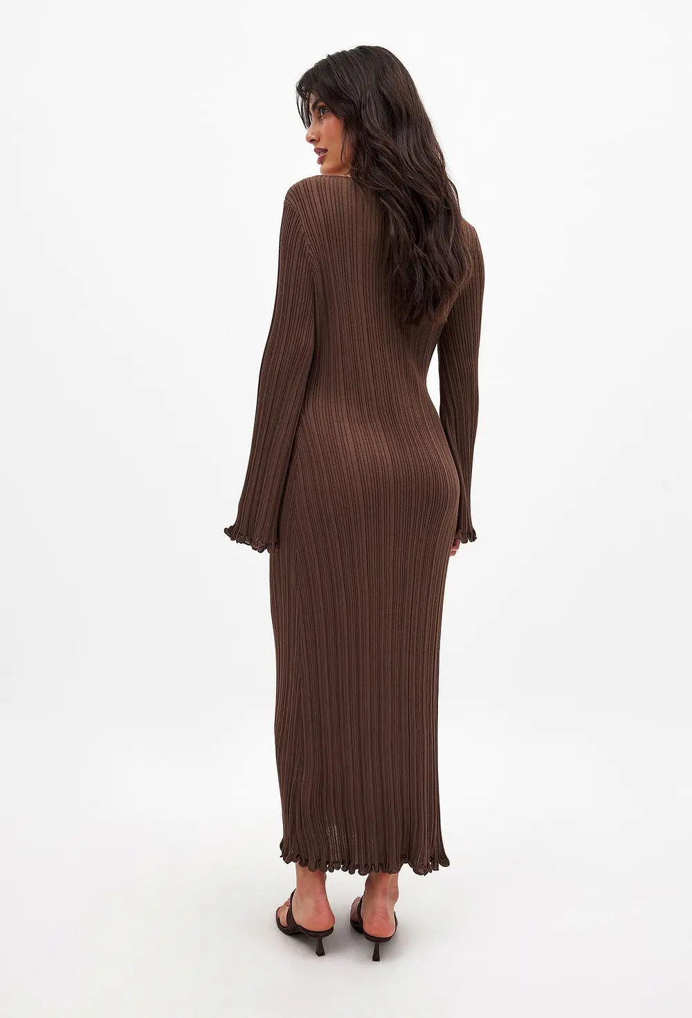 Knitted Round Neck Frill Maxi Dress Brown