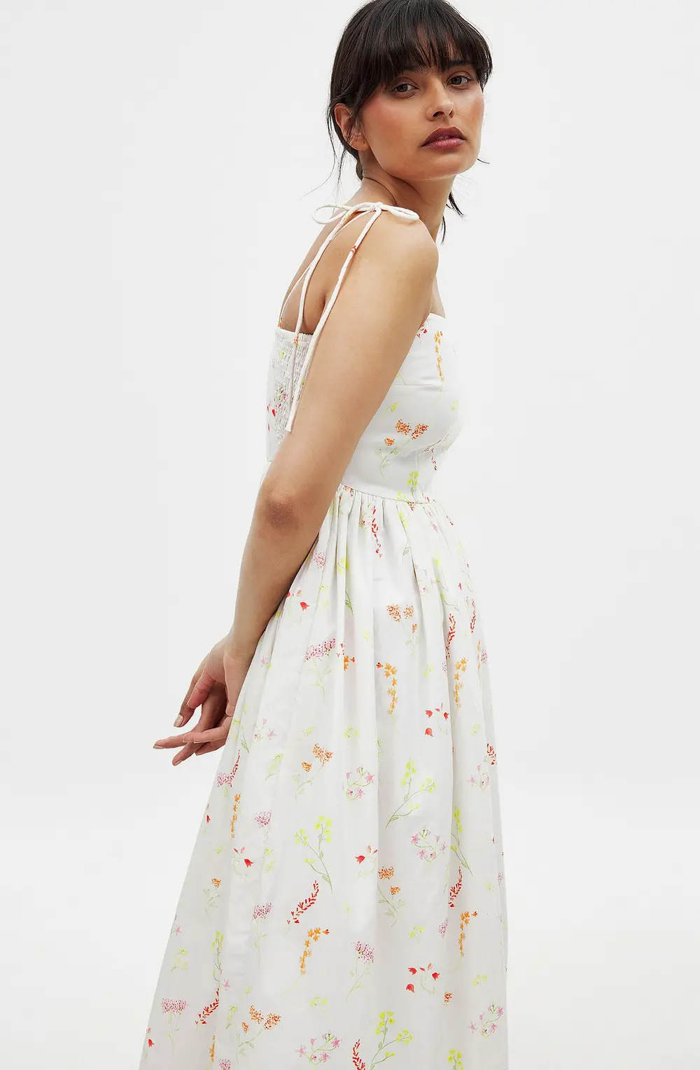 Cotton Tie Shoulder Midi Dress Flower