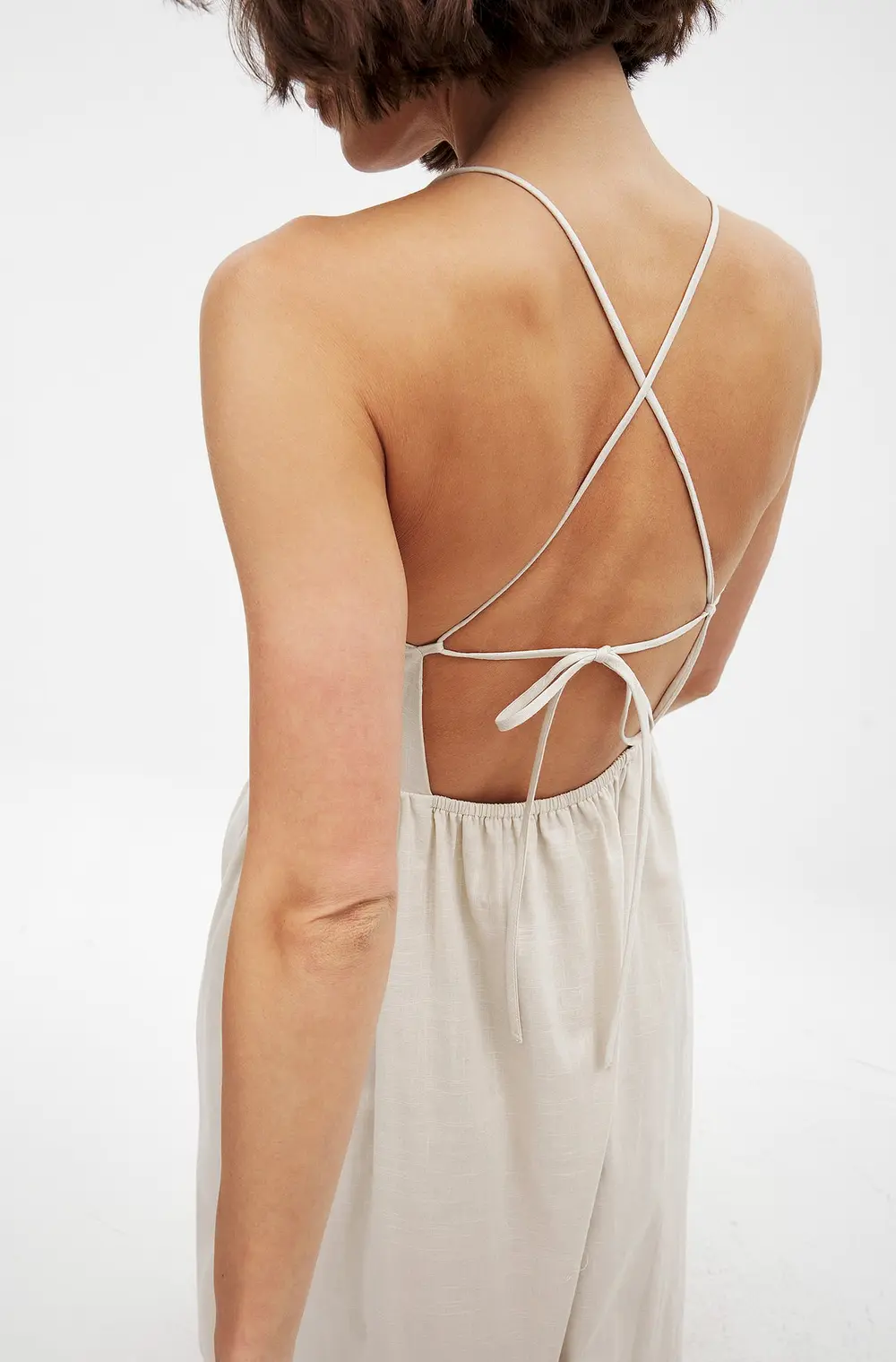 Open Back Tie Detail Midi Dress Beige