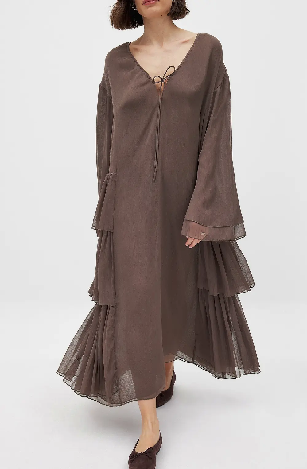 Chiffon Ruffle Long Sleeve Kaftan Brown