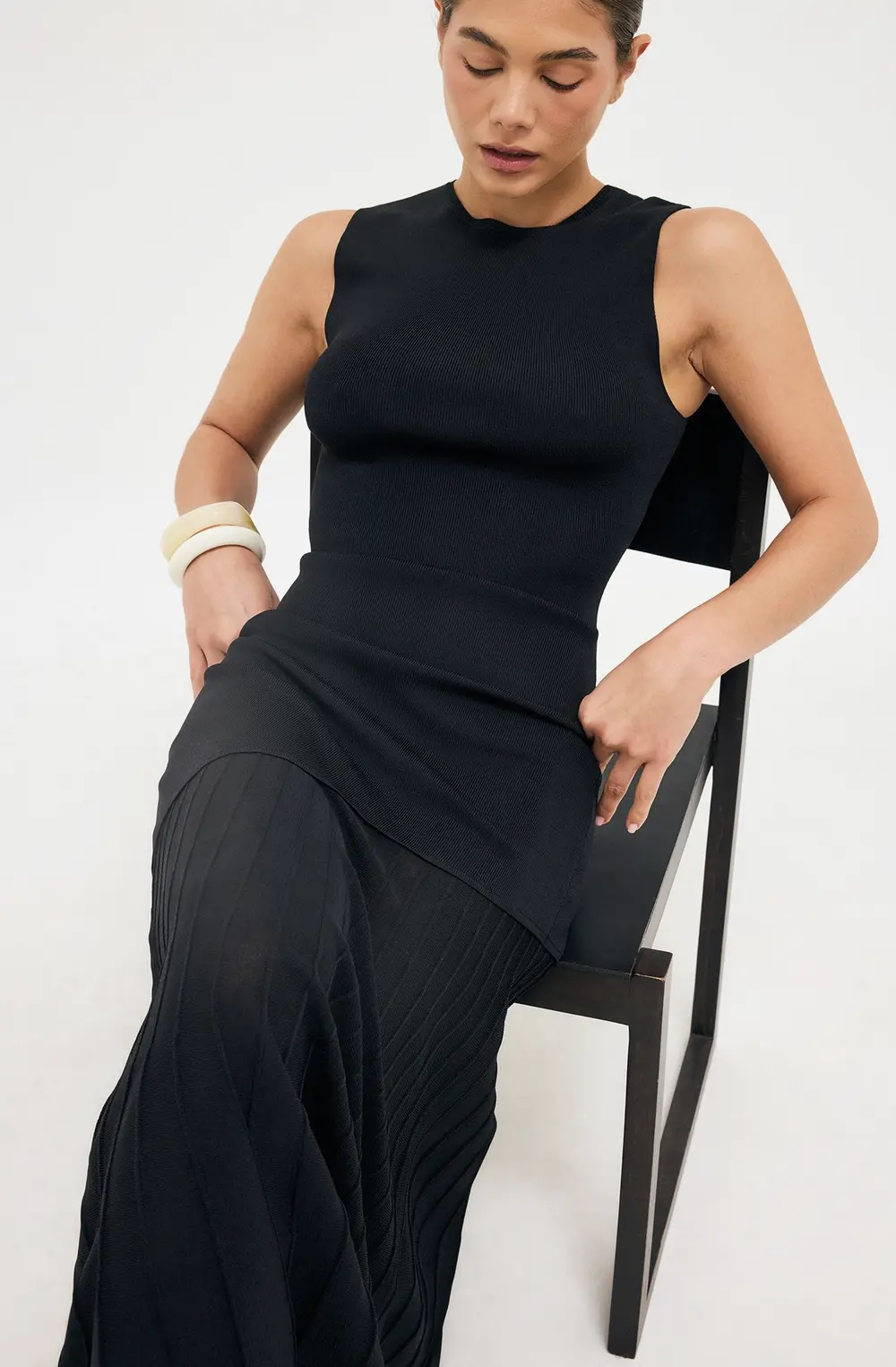 Knitted Sleeveless Combined Dress Black