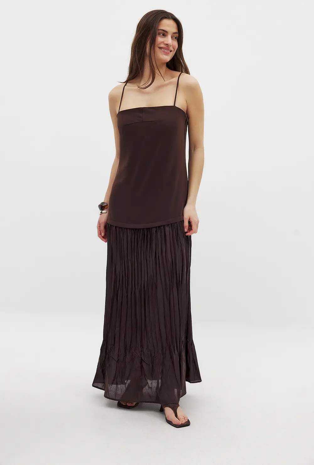 Sheer Plisse Skirt Slip Dress Brown