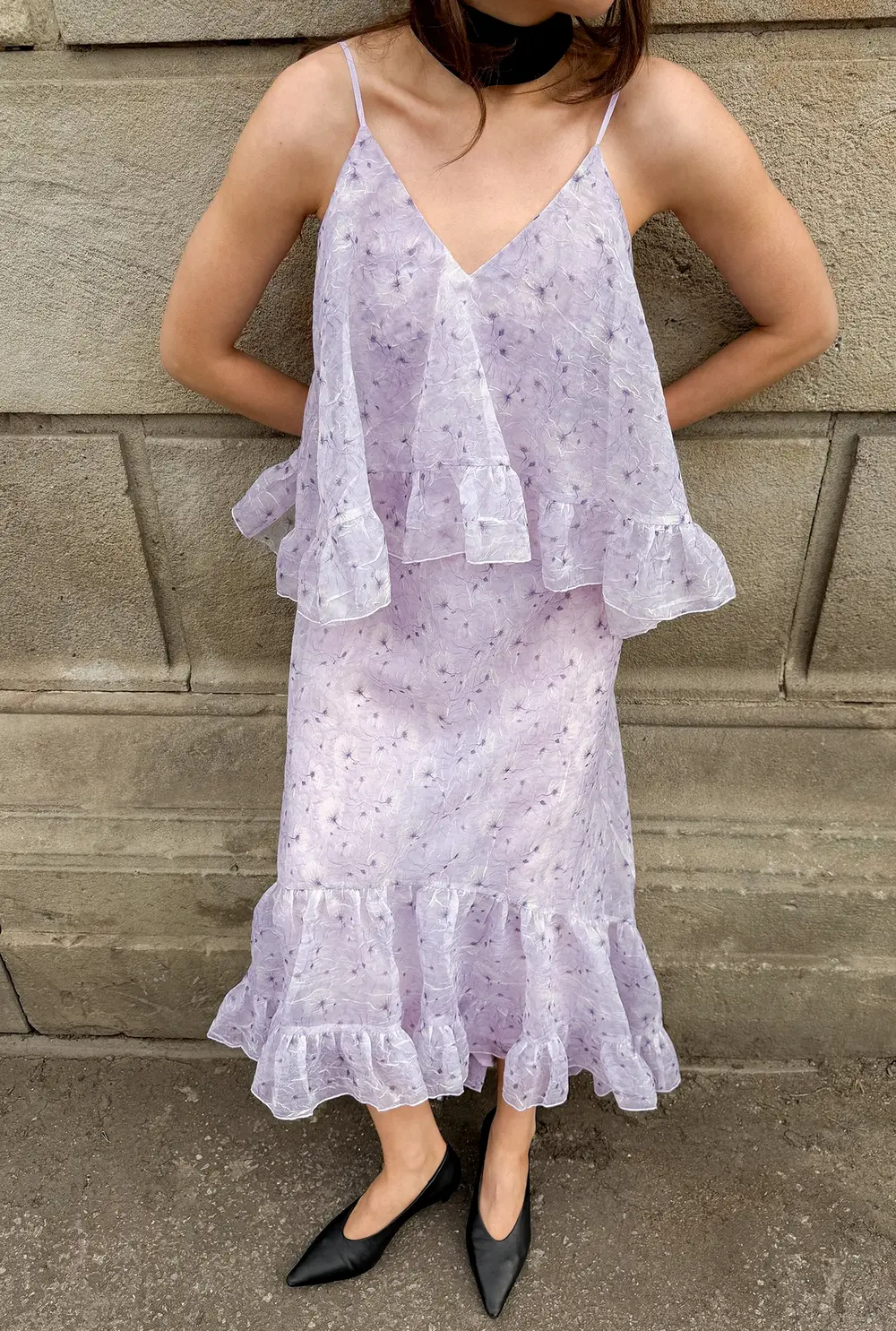 Organza V Neck Volume Maxi Dress Purple
