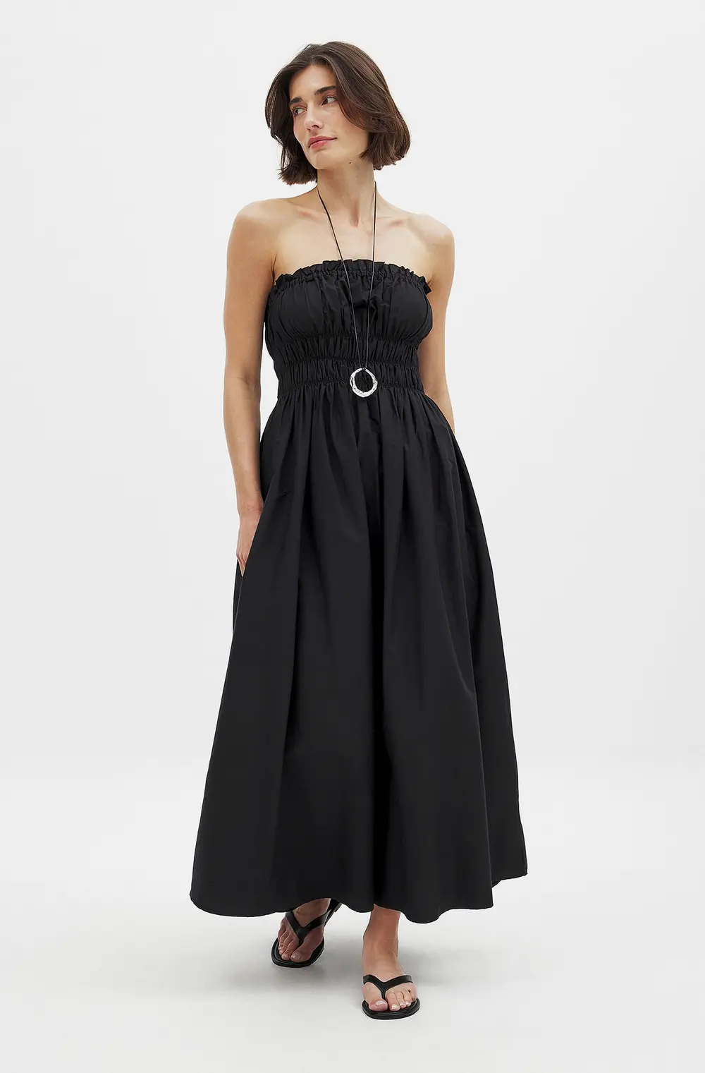 Cotton Bandeau Ruched Midi Dress Black