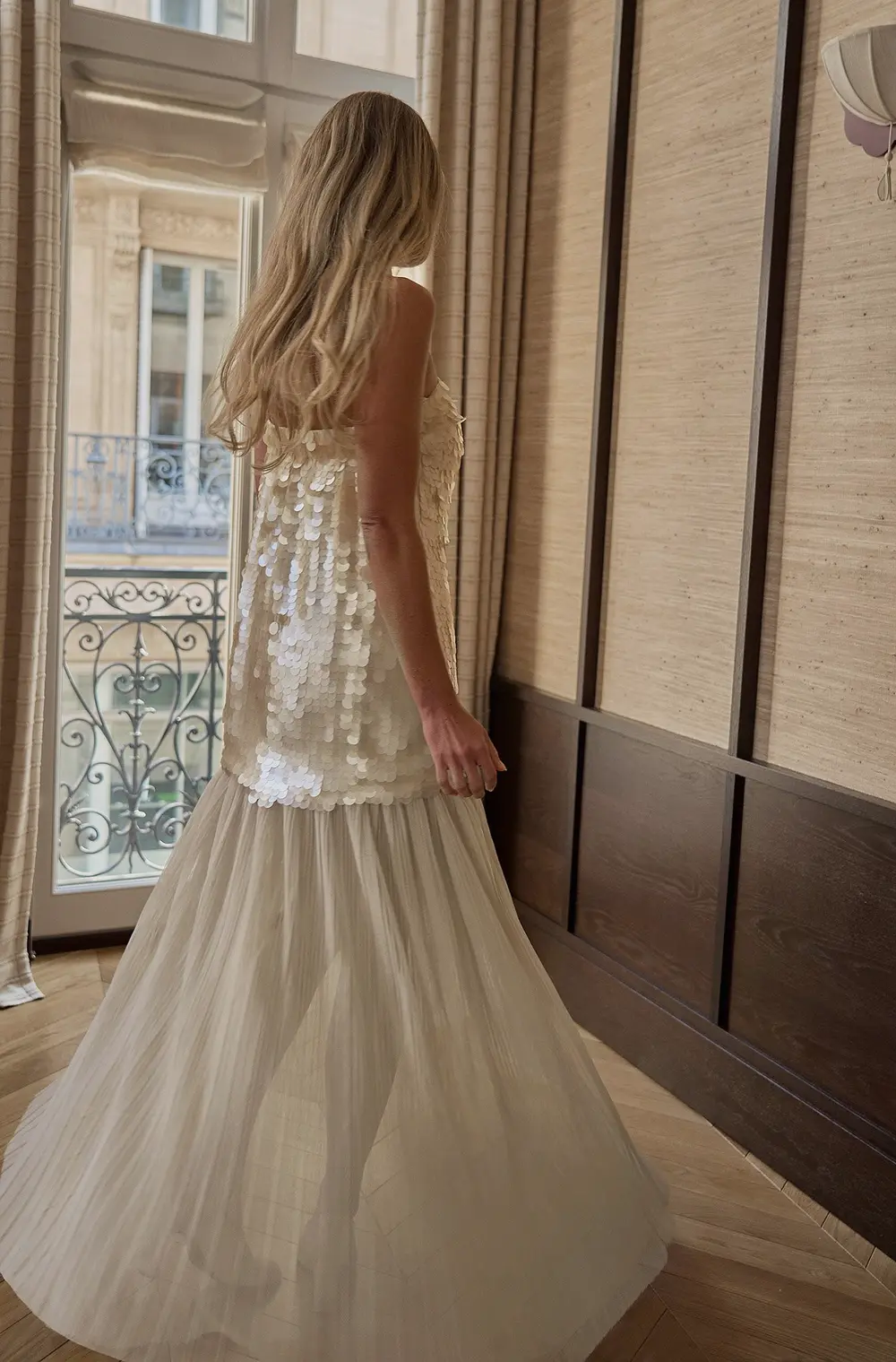 Sequin Bandeau Maxi Dress Beige