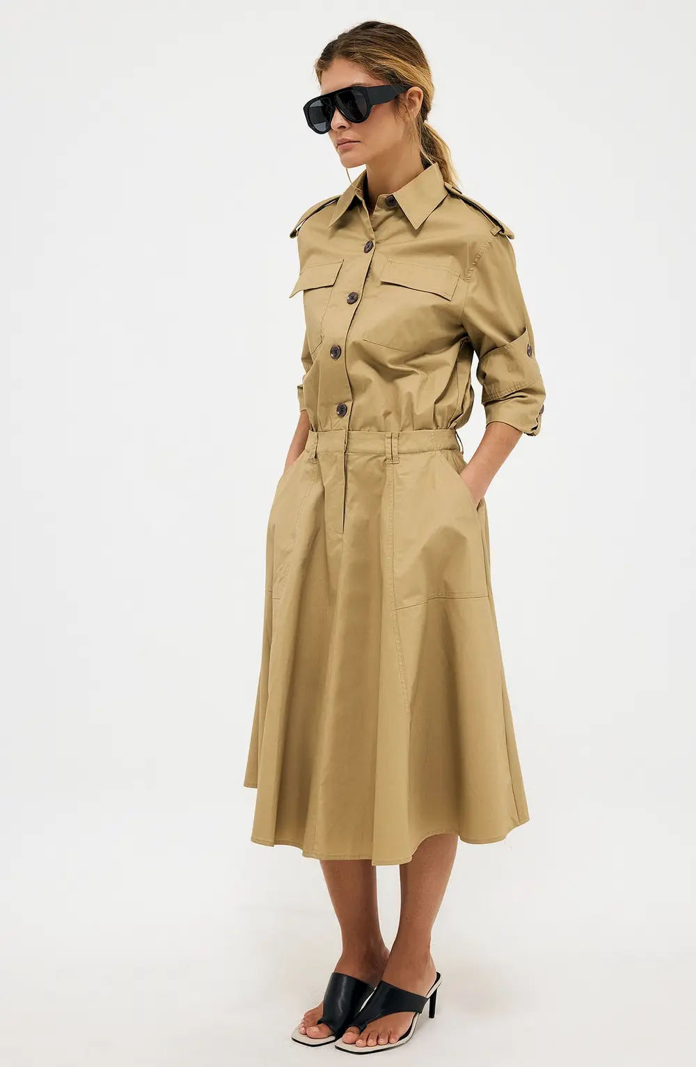 Heavy Cotton Midi Cargo Shirt Dress Beige