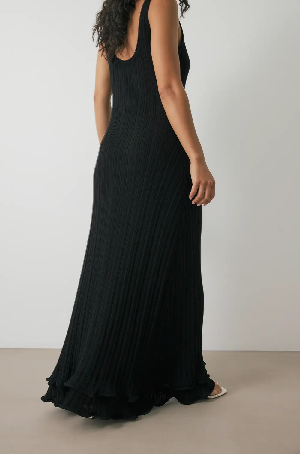 Knitted Scoop Neck Frill Maxi Dress Black