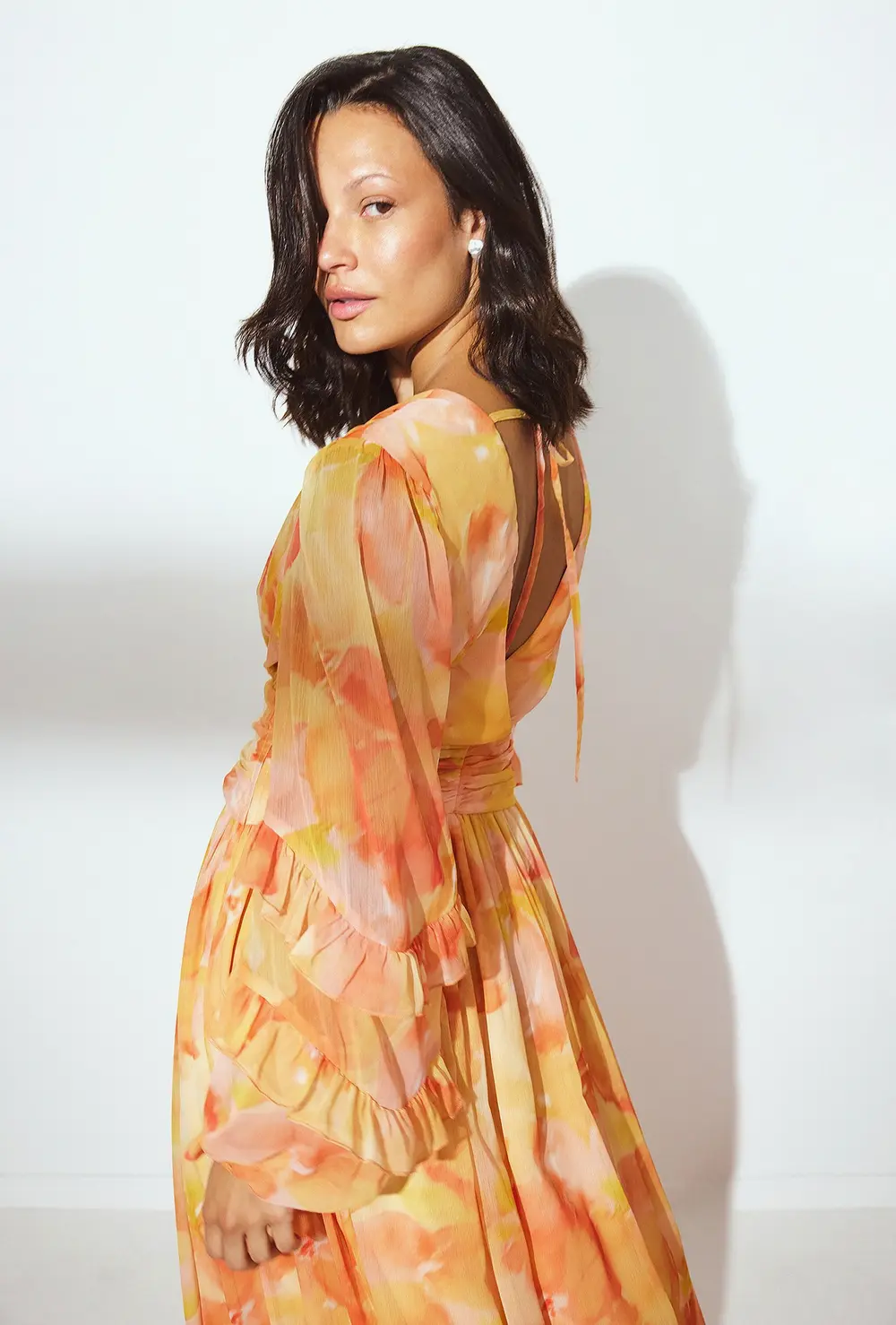 Structured Chiffon Wide Sleeve Maxi Dress Orange
