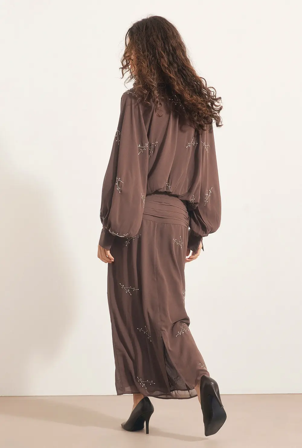 Rhinestone Long Sleeve Midi Dress Brown