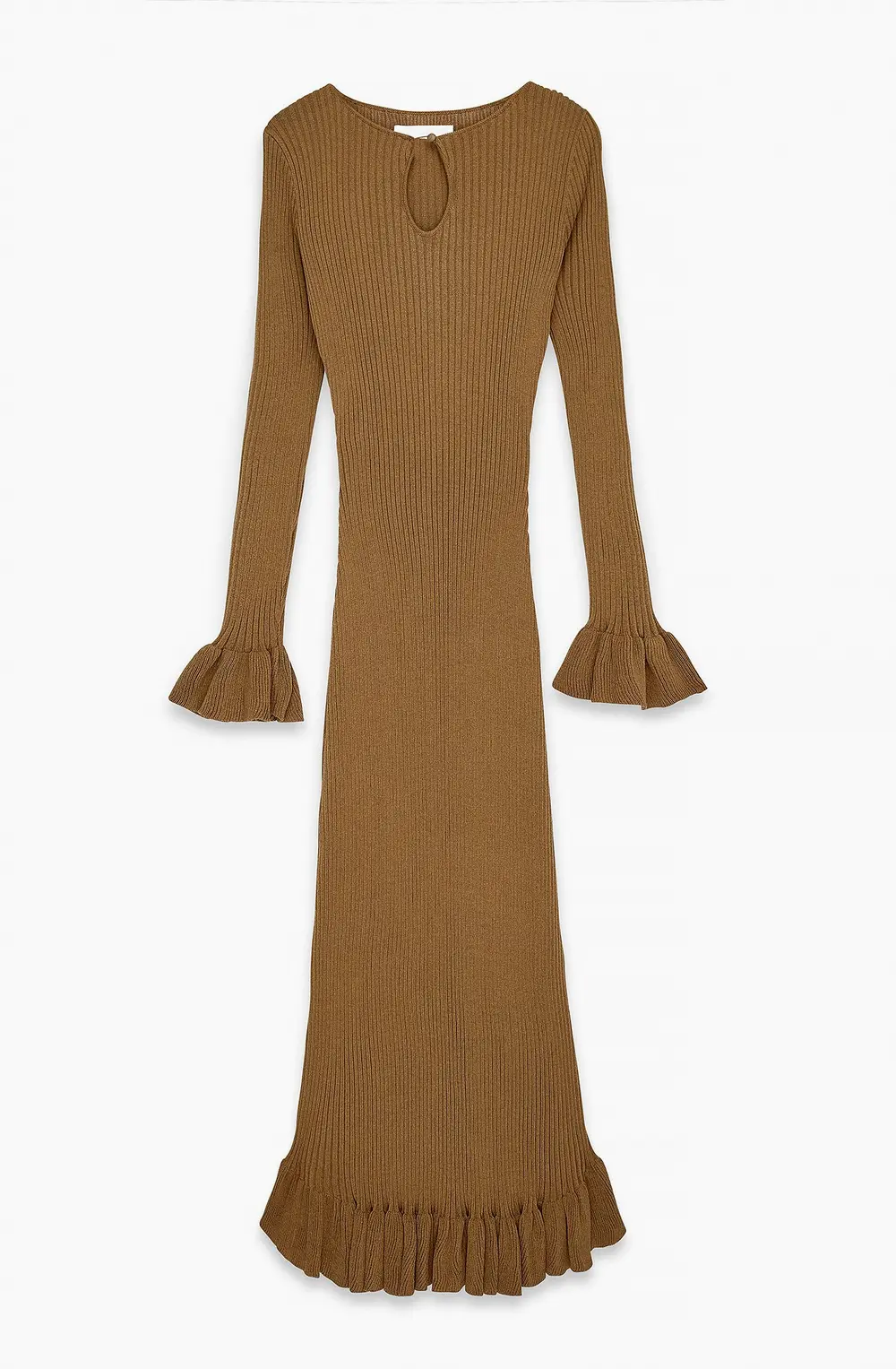 Knitted Keyhole Frill Midi Dress Beige