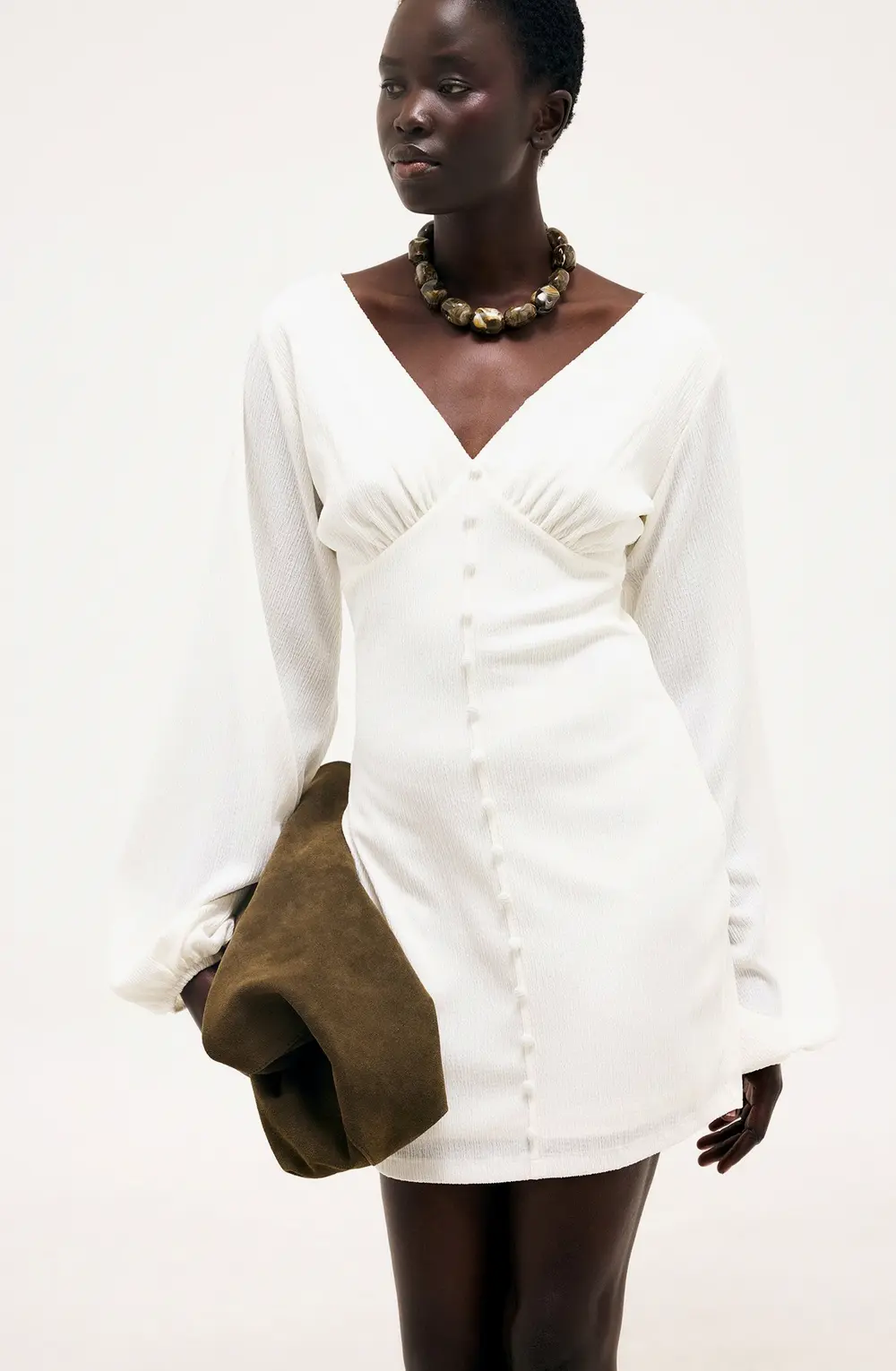 Front Button Balloon Sleeve Mini Dress Offwhite