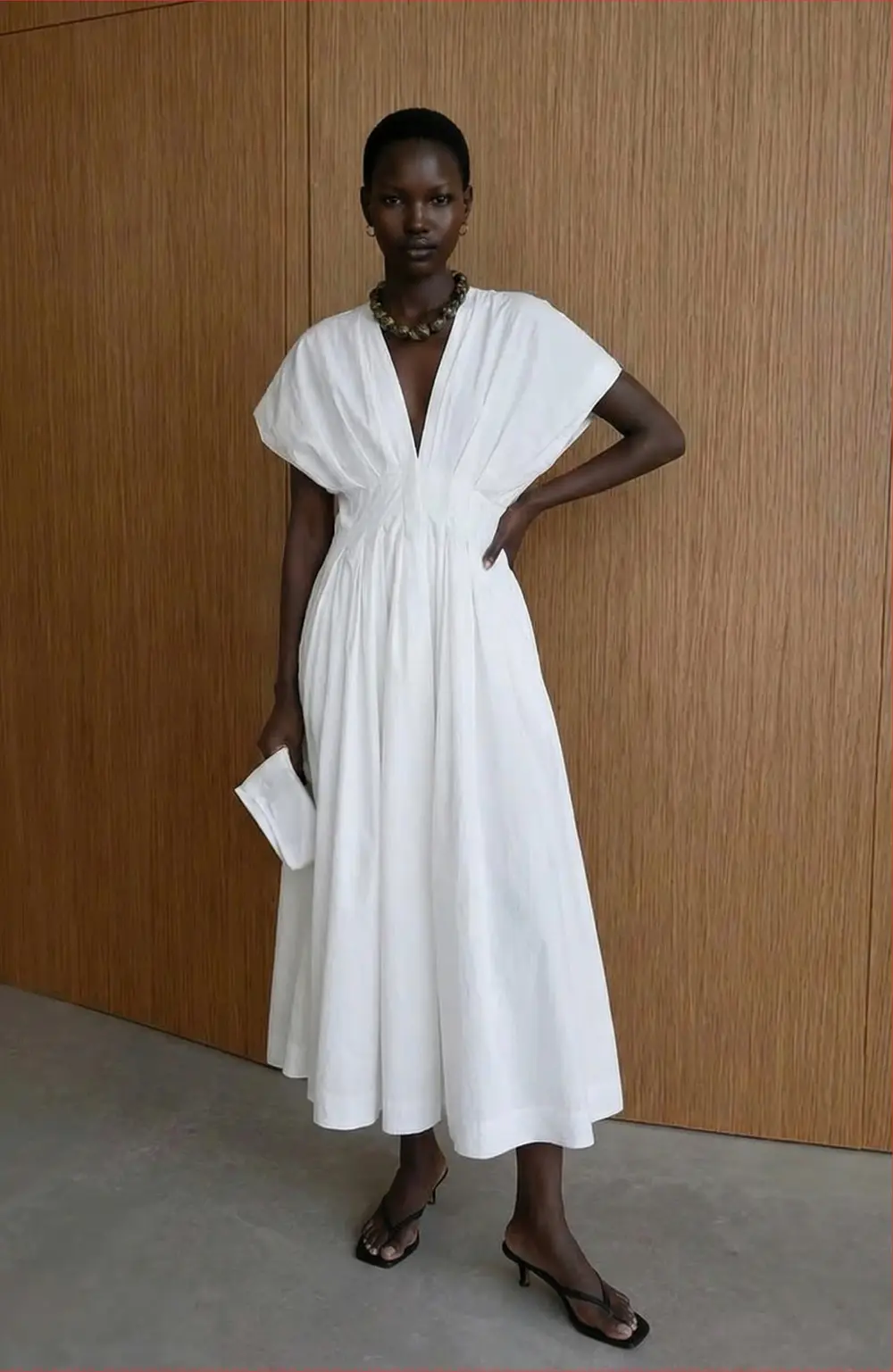 Cotton Pleated Short Sleeve Midi Dress White