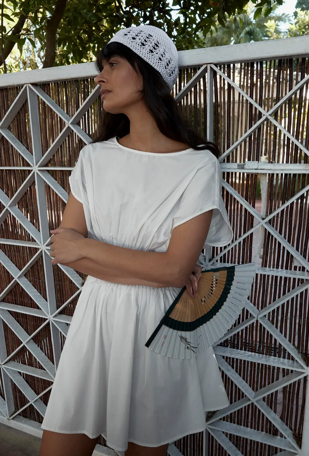 Cotton Short Sleeve Pleated Mini Dress White