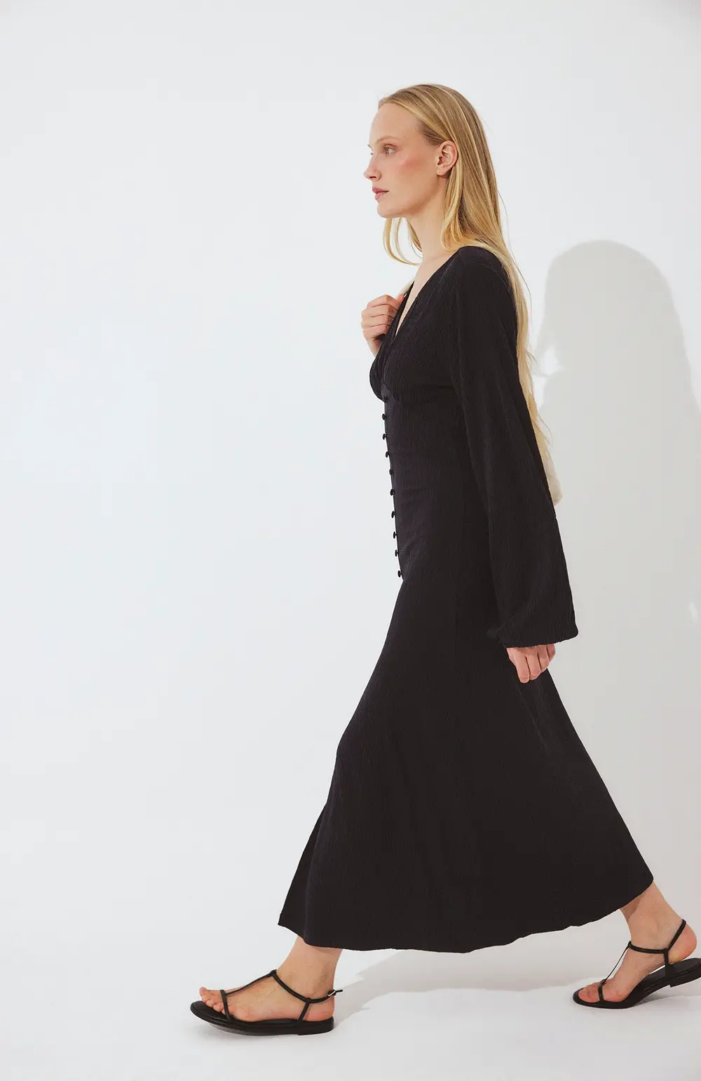 Balloon Sleeve Button Maxi Dress Black