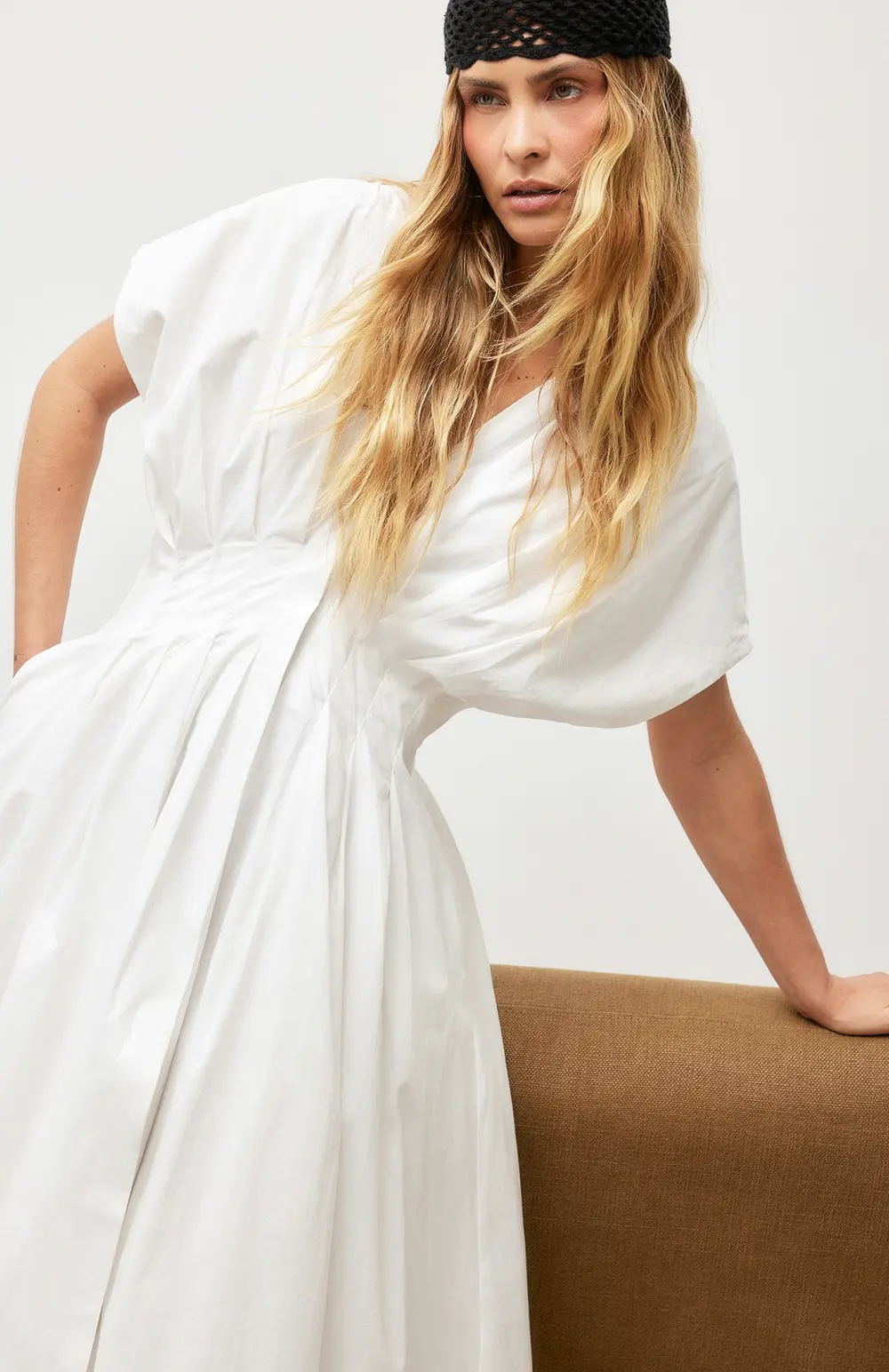 Cotton Pleated Short Sleeve Midi Dress White