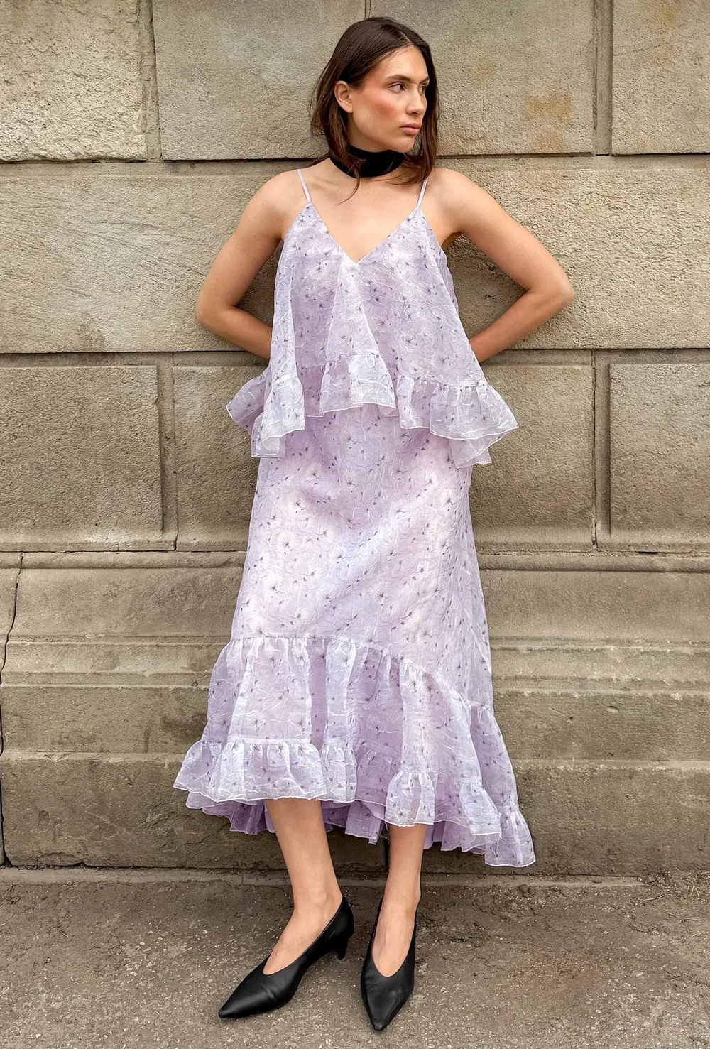 Organza V Neck Volume Maxi Dress Purple