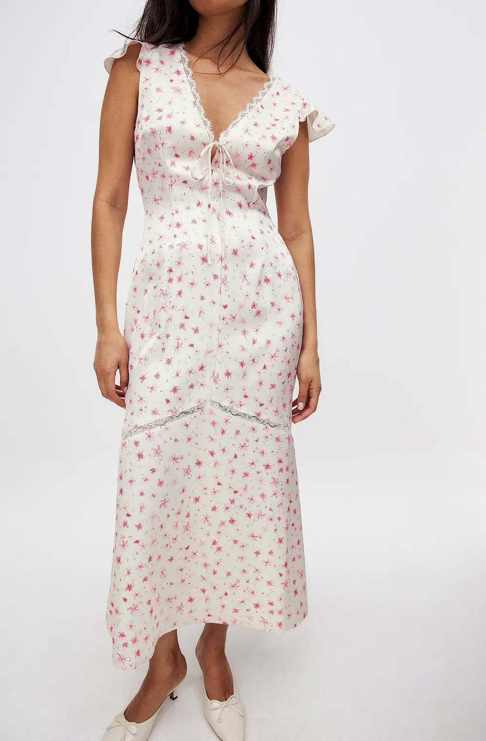 Lace Insert Frill Sleeve Midi Dress Flower