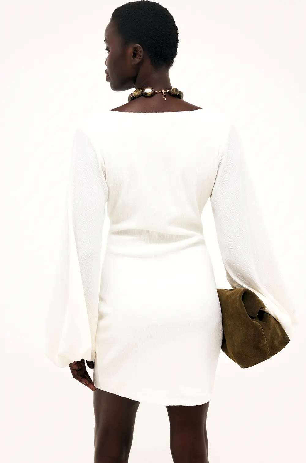 Front Button Balloon Sleeve Mini Dress Offwhite
