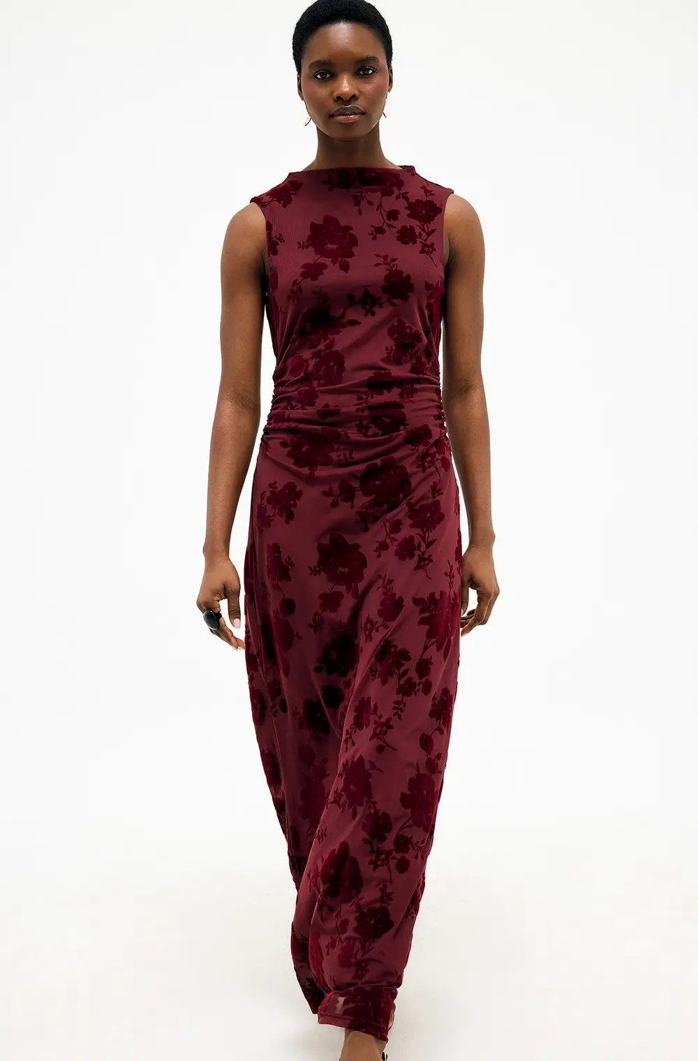 Burn Out Funnel Neck Maxi Dress Burgundy