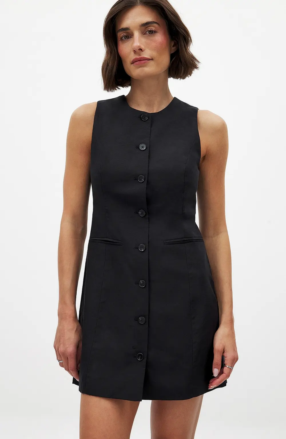 Linen Blend Vest Mini Dress Black