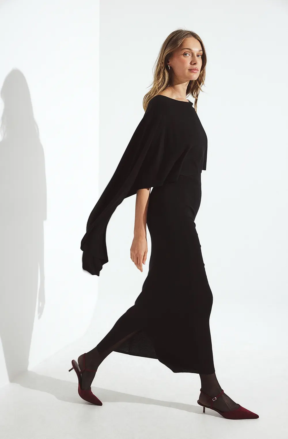 Knitted Poncho Midi Dress Black