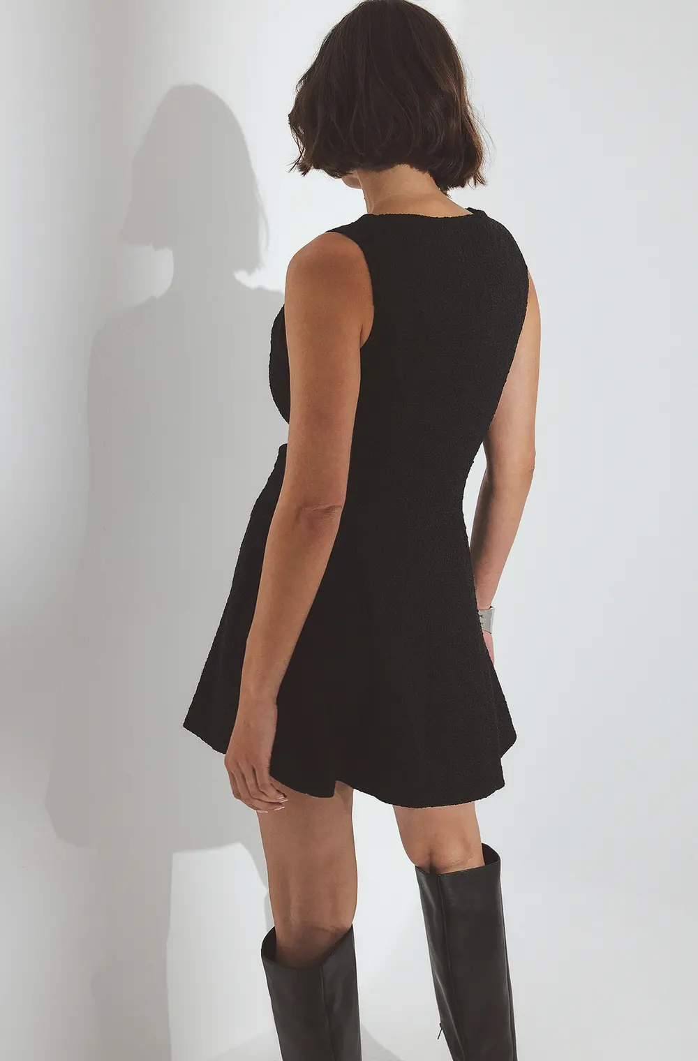 Boucle V Neck Mini Dress Black