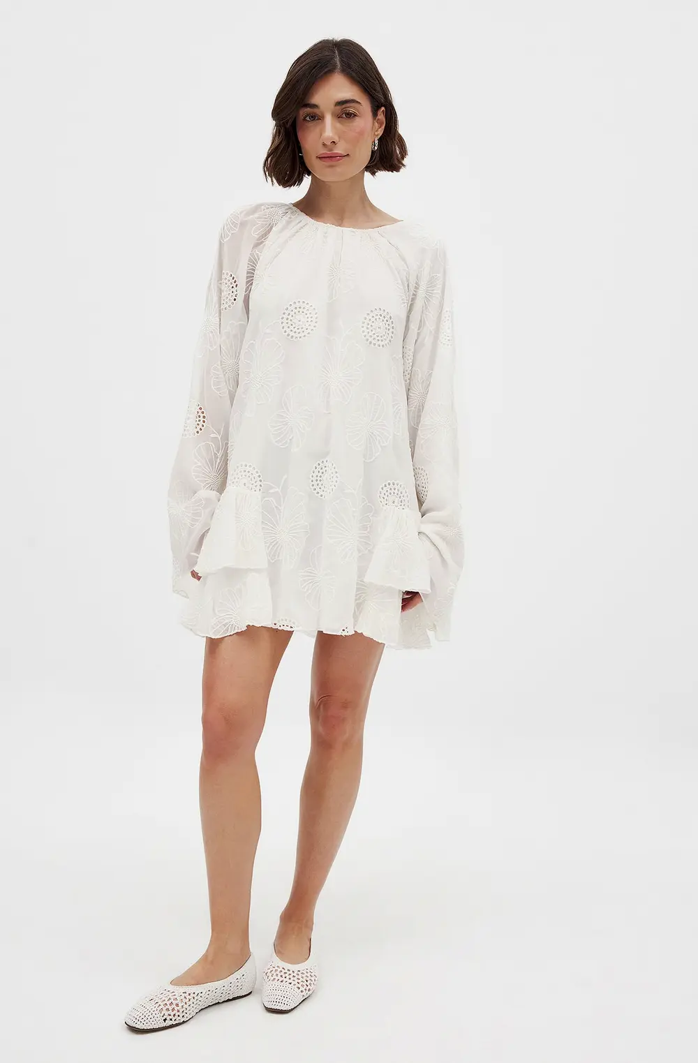 Embroidered Volume Mini Dress White