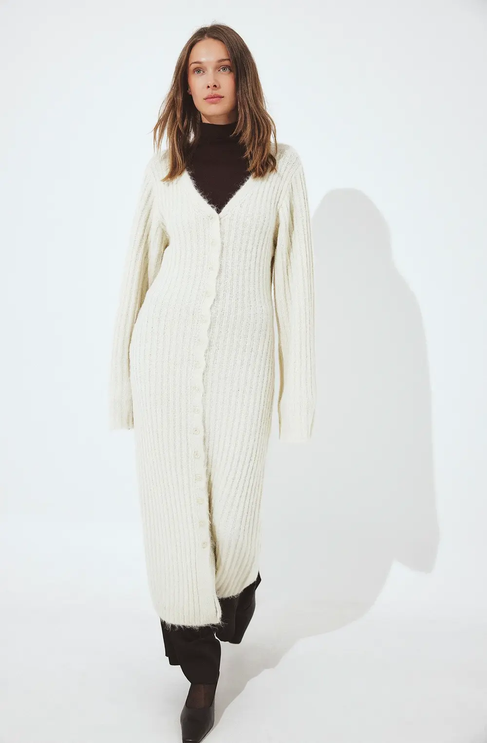 Knitted Wool Blend Cardigan Maxi Dress Offwhite