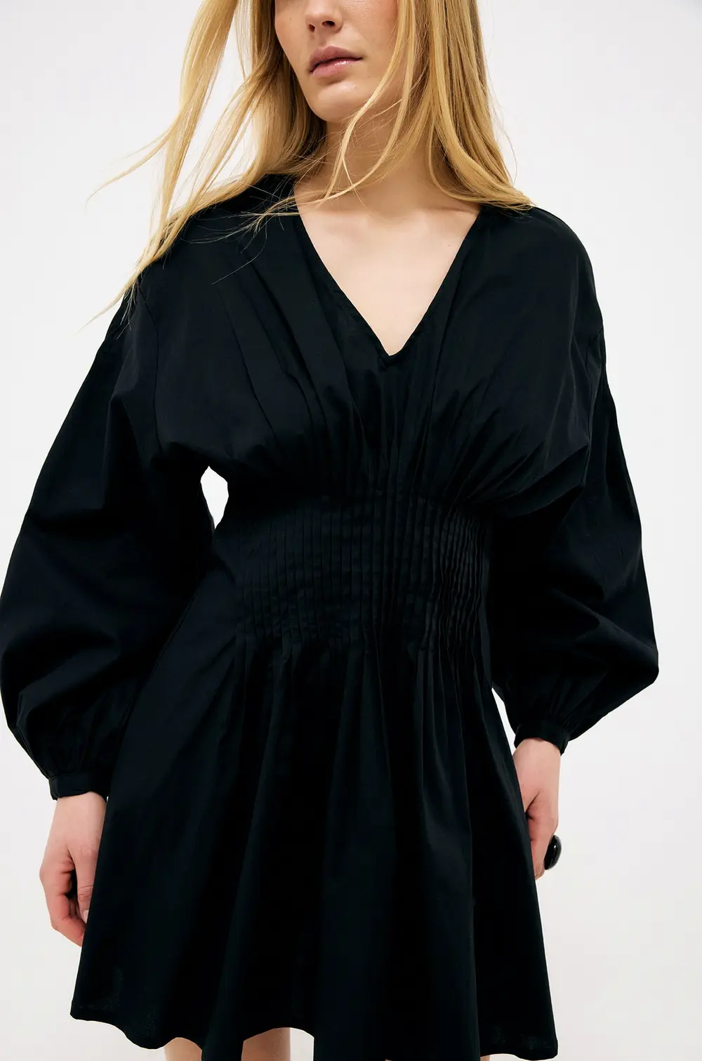 Cotton Long Sleeve Pintuck Mini Dress Black