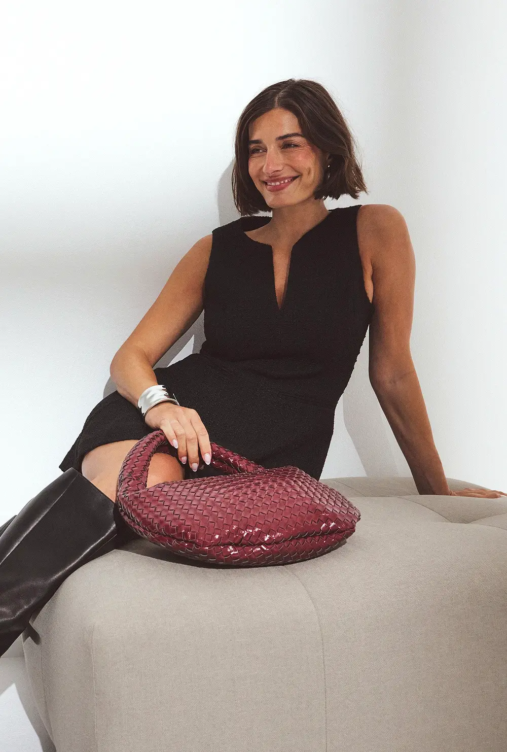 Boucle V Neck Mini Dress Black