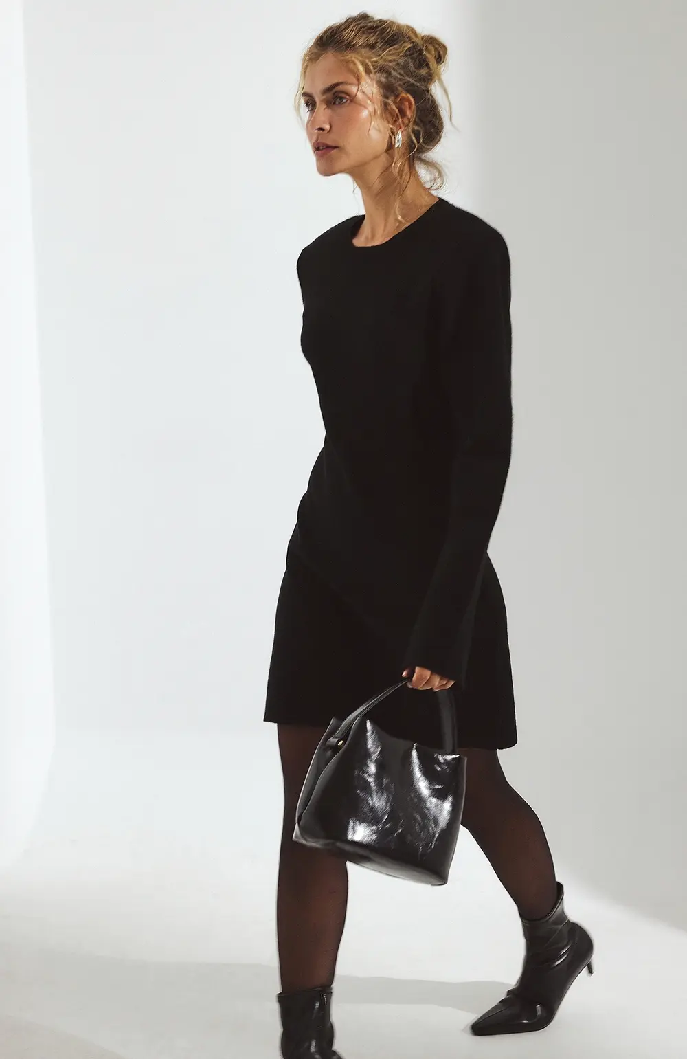 Knitted Padded Shoulder Mini Dress Black