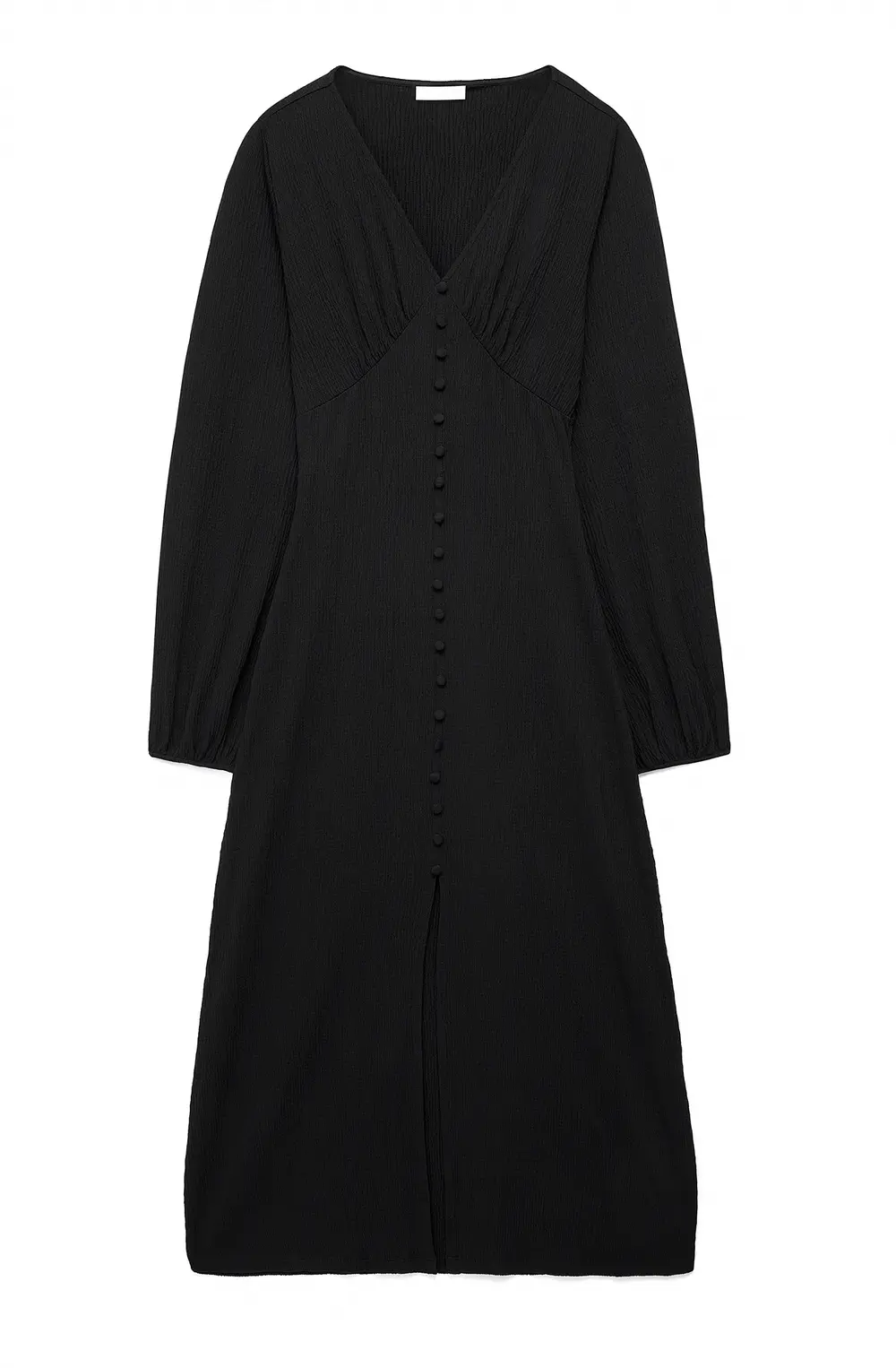 Balloon Sleeve Button Maxi Dress Black