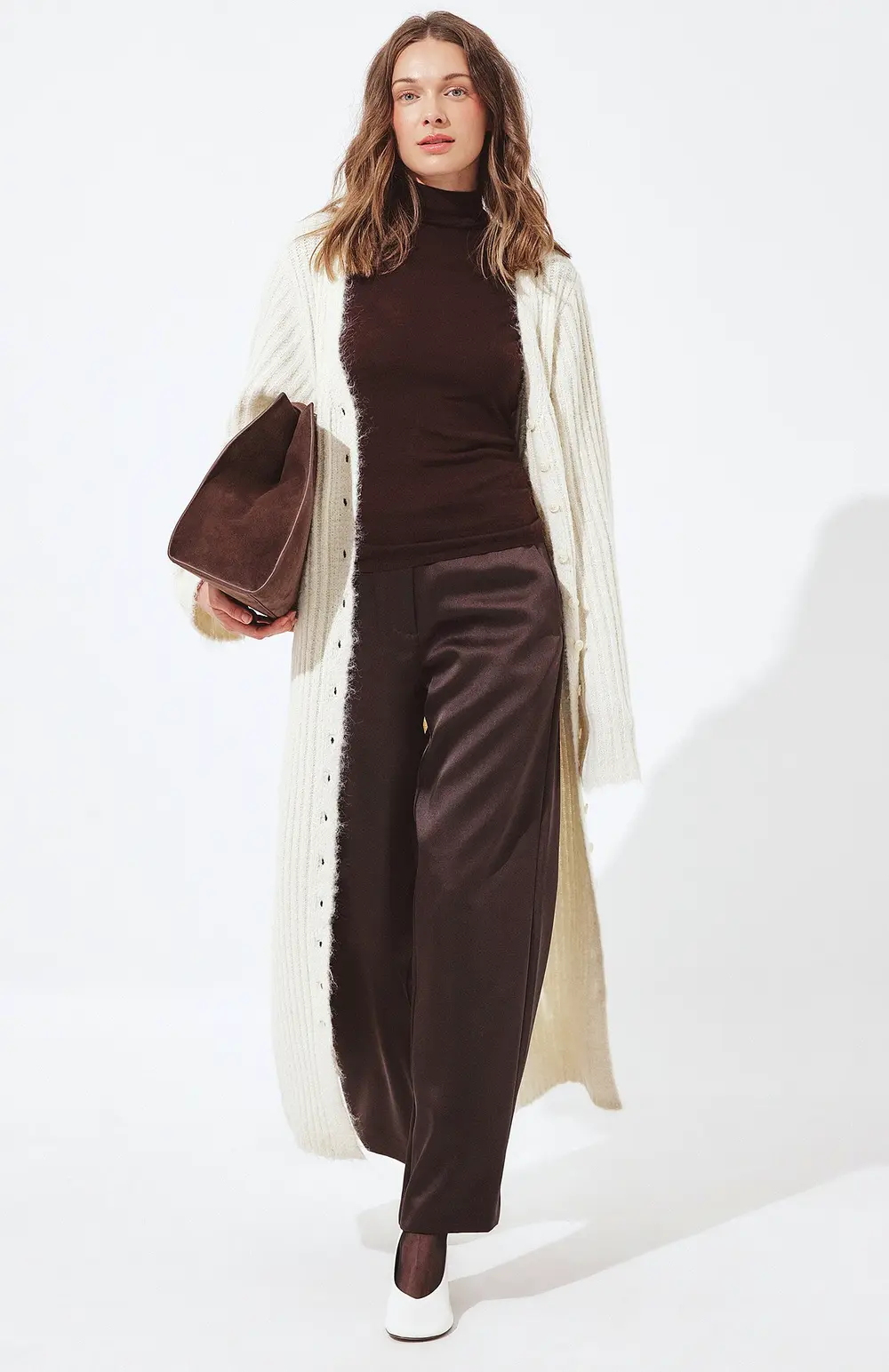 Knitted Wool Blend Cardigan Maxi Dress Offwhite