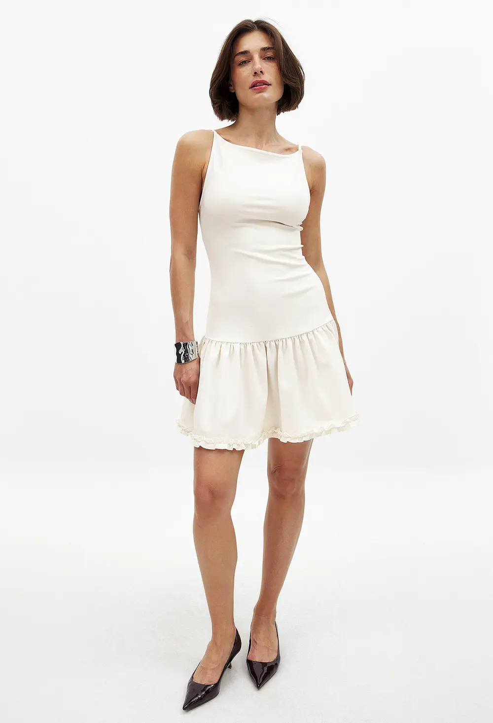 Open Back Mini Frill Dress Offwhite