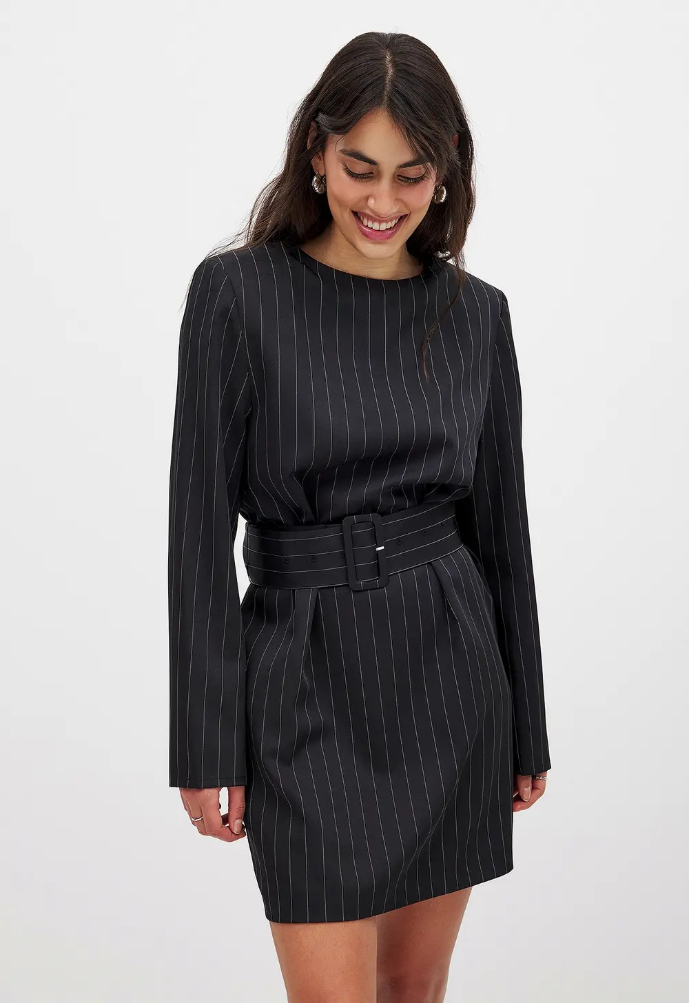 Tailored Belted Blazer Dress Stripe