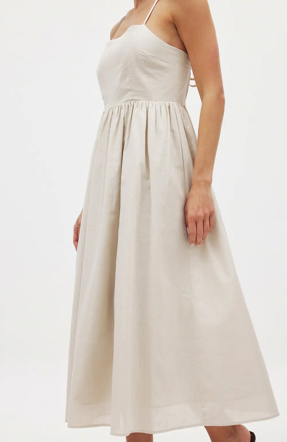 Open Back Tie Detail Midi Dress Beige