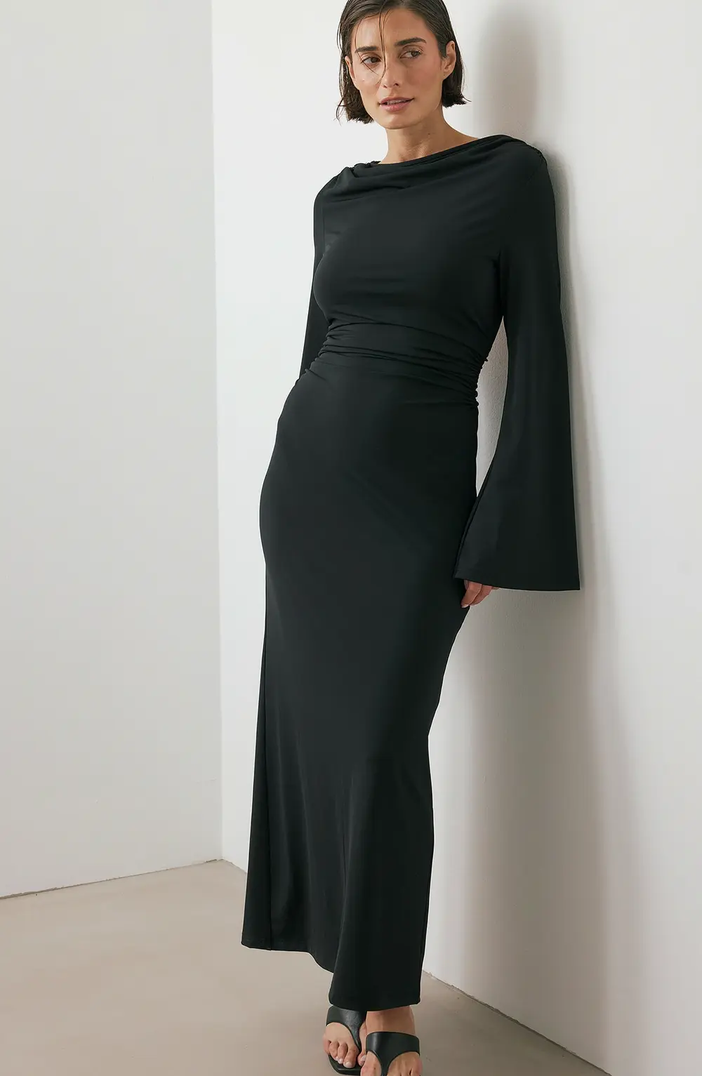 Wide Sleeve Open Back Maxi Dress Black