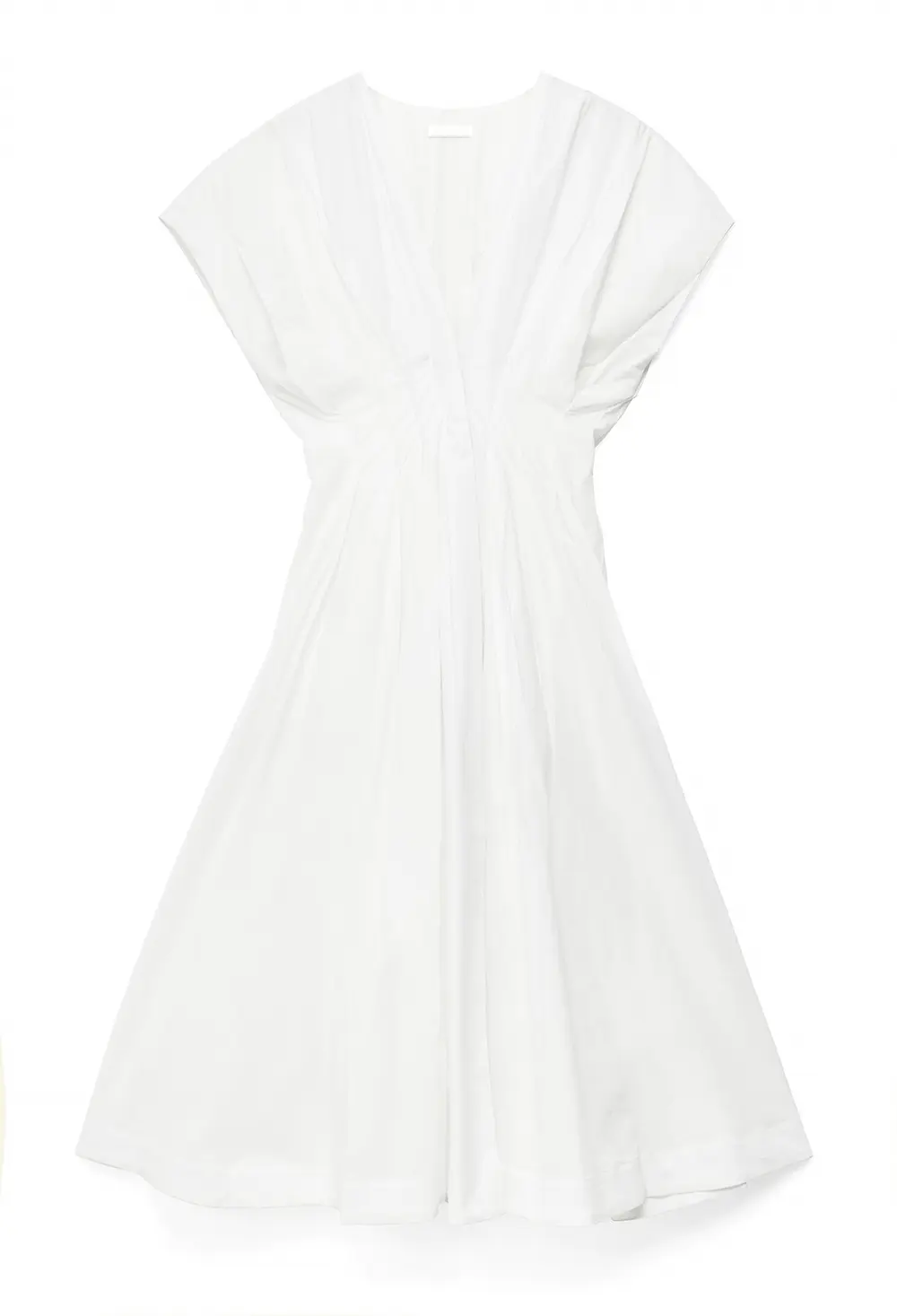 Cotton Pleated Short Sleeve Midi Dress White