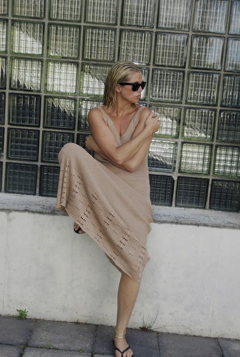 Knitted Scoop Neck Crochet Midi Dress Beige