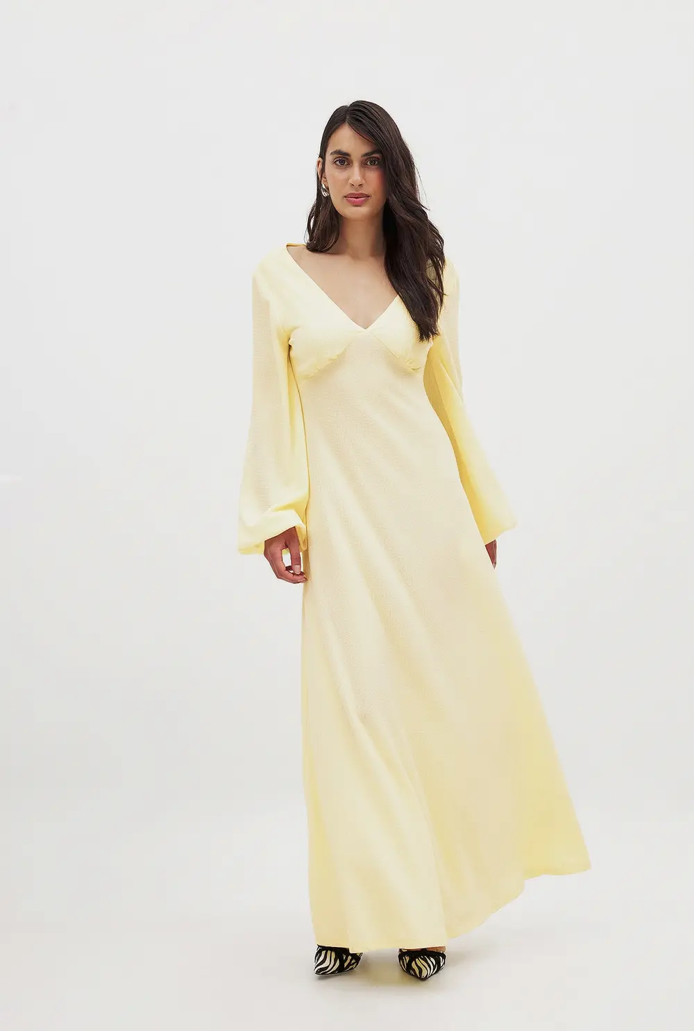 Balloon Sleeve Open Back Maxi Dress Yellow