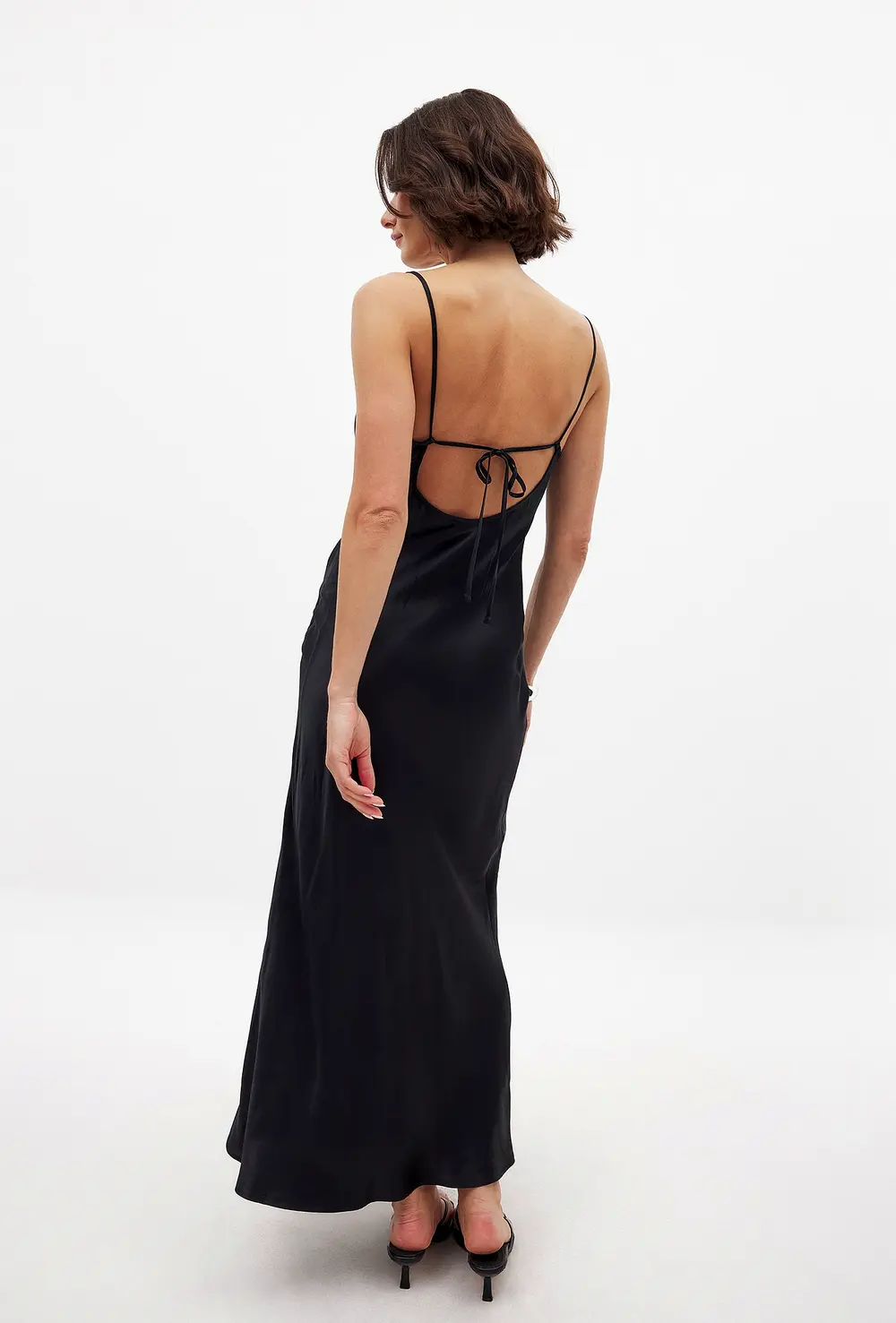 Satin Fold Detail Midi Slip Dress Black