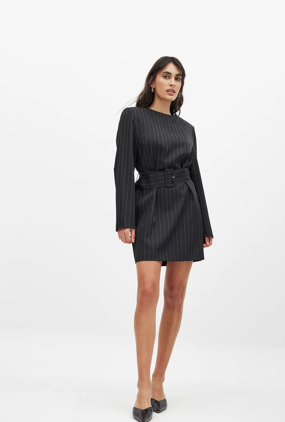 Tailored Belted Blazer Dress Stripe