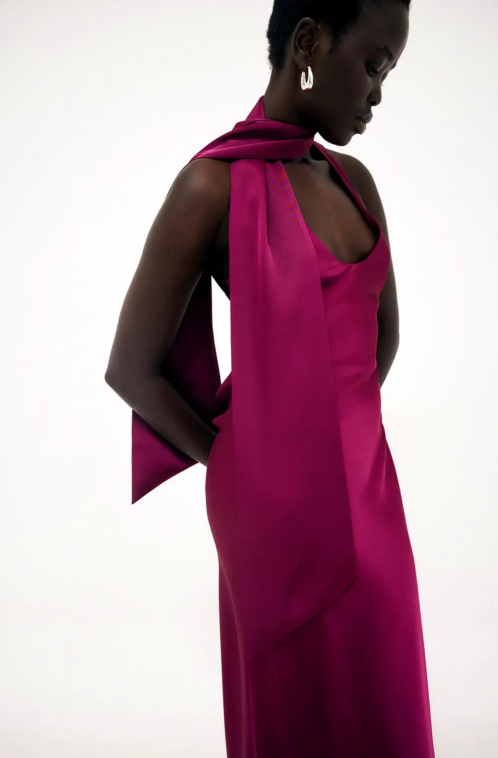 Satin Scoop Neck Scarf Maxi Dress Pink