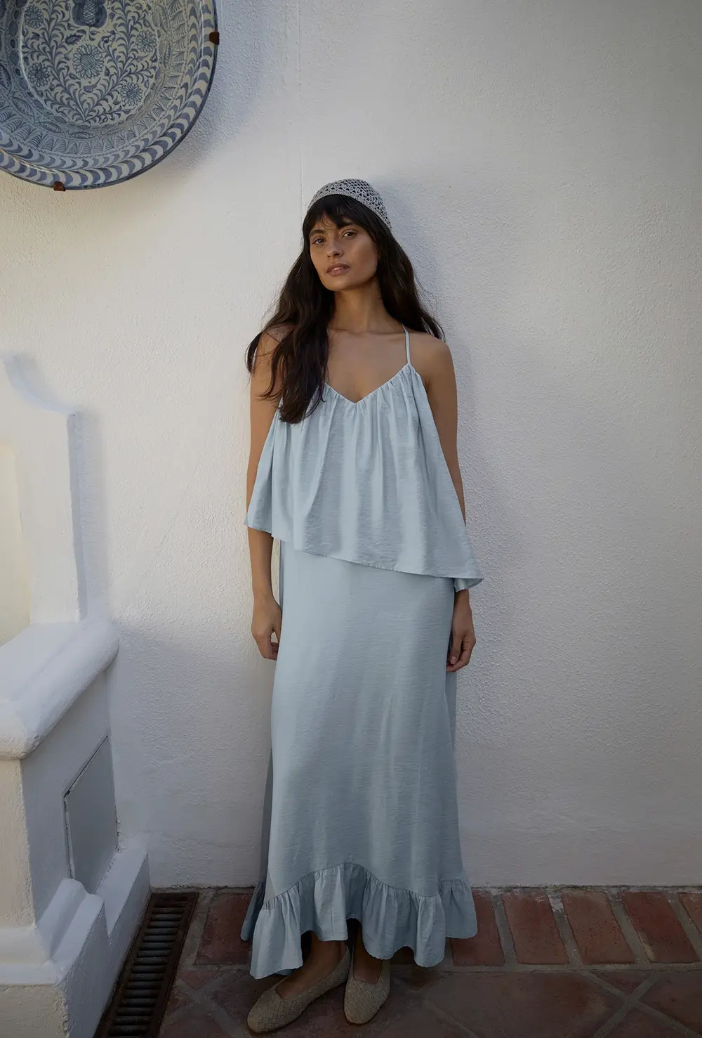 V Neck Volume Strap Midi Dress Blue