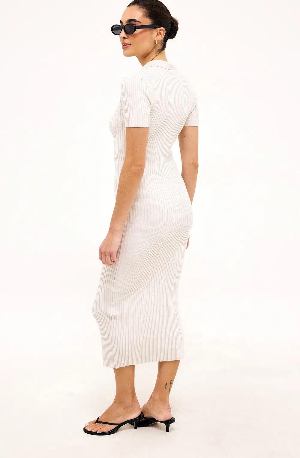 Knitted Short Sleeve Button Dress Beige