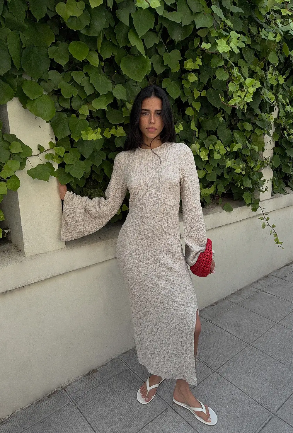 Structured Open Back Midi Dress Beige